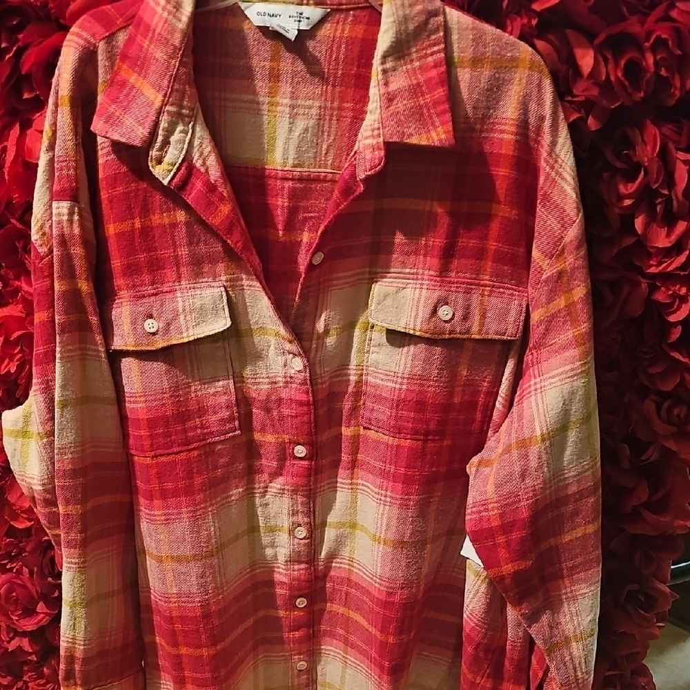 Old Navy NWT Red and Yellow Plaid Boyfriend Button-Up Shirt Size XLarge